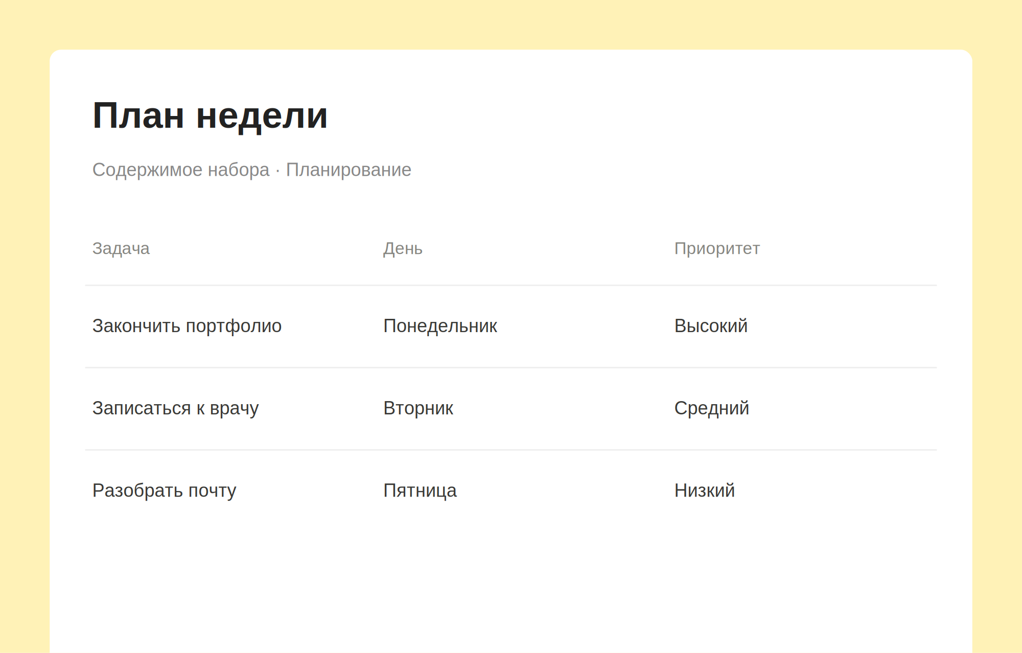 Превью набора План недели с примерами записей